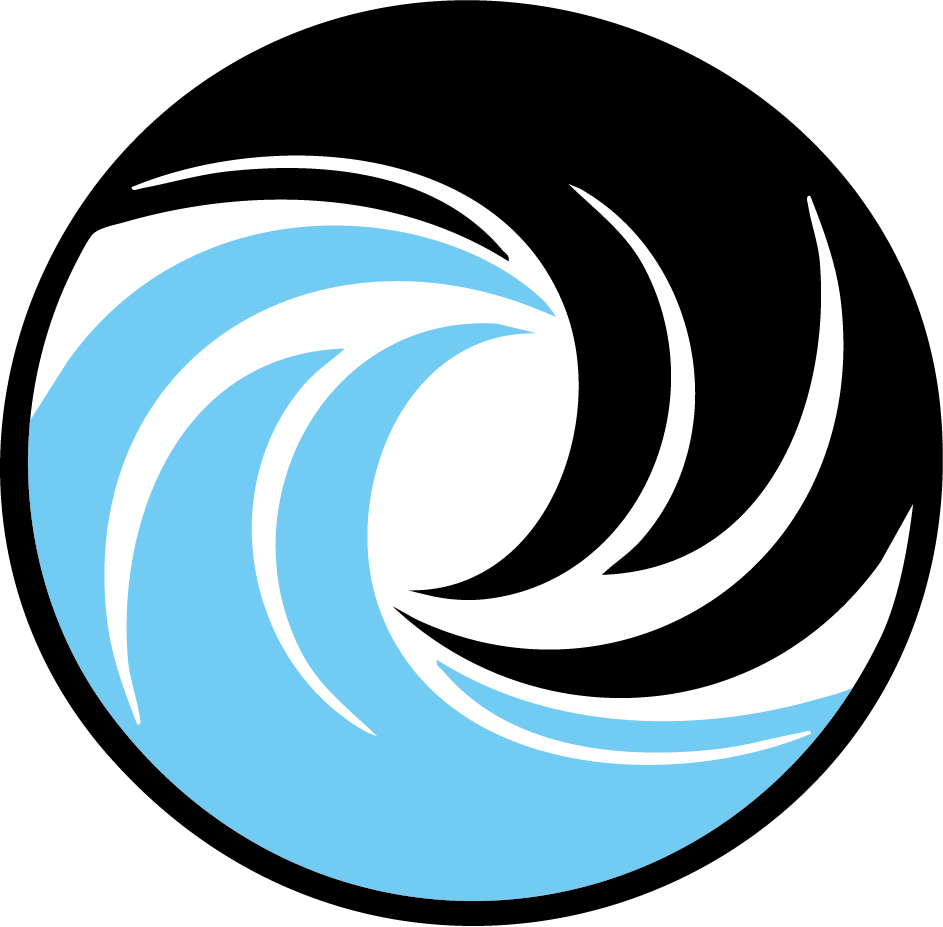 Grafisches Logo mit stilisierter Welle in Hellblau und Schwarz auf transparentem Hintergrund.