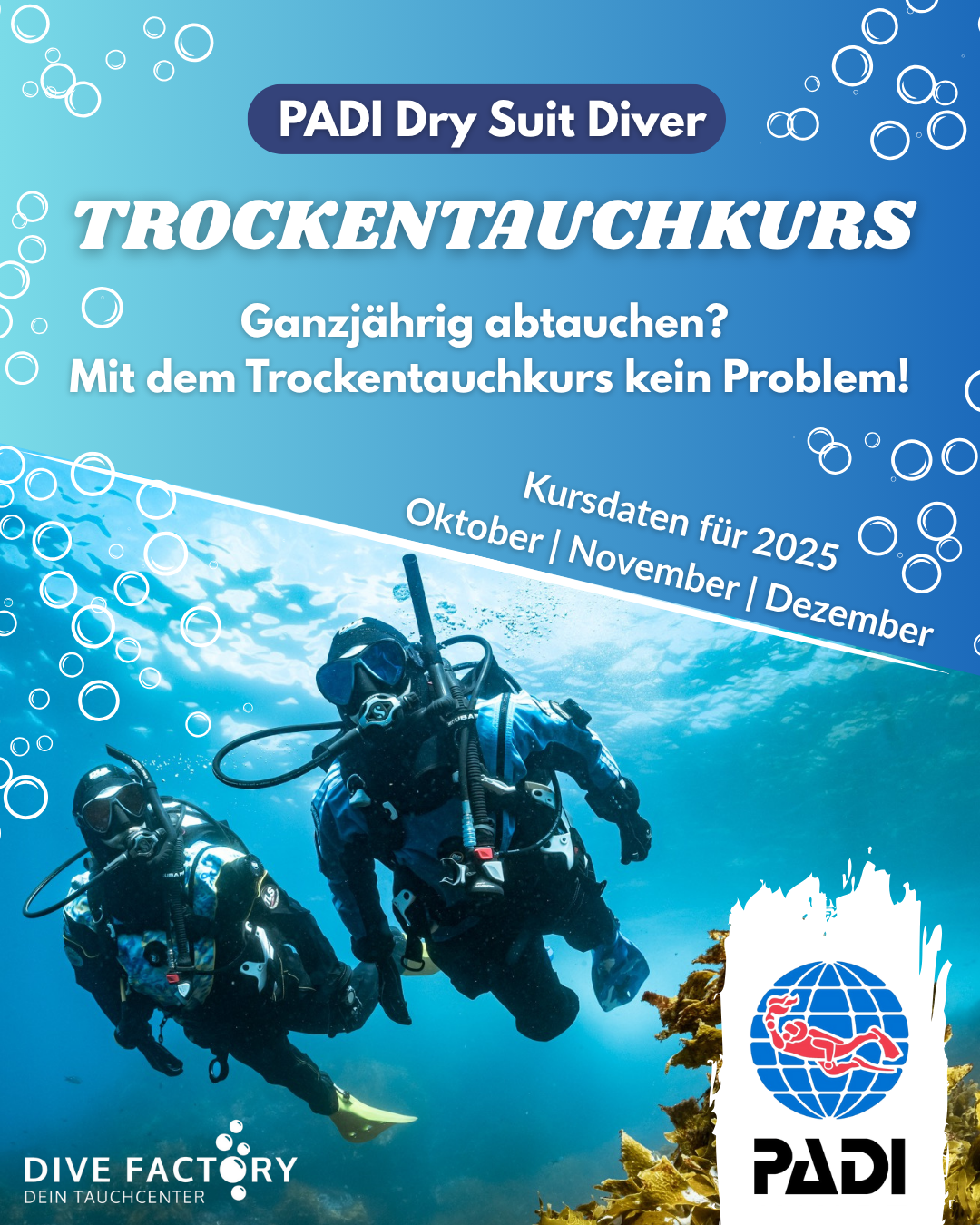 Grafik mit zwei Tauchern in Trockentauchanzügen unter Wasser. Text: „PADI Dry Suit Diver – Trockentauchkurs. Ganzjährig abtauchen? Mit dem Trockentauchkurs kein Problem! Kursdaten für 2025: Oktober | November | Dezember“. Logos von Dive Factory und PADI sind unten platziert.